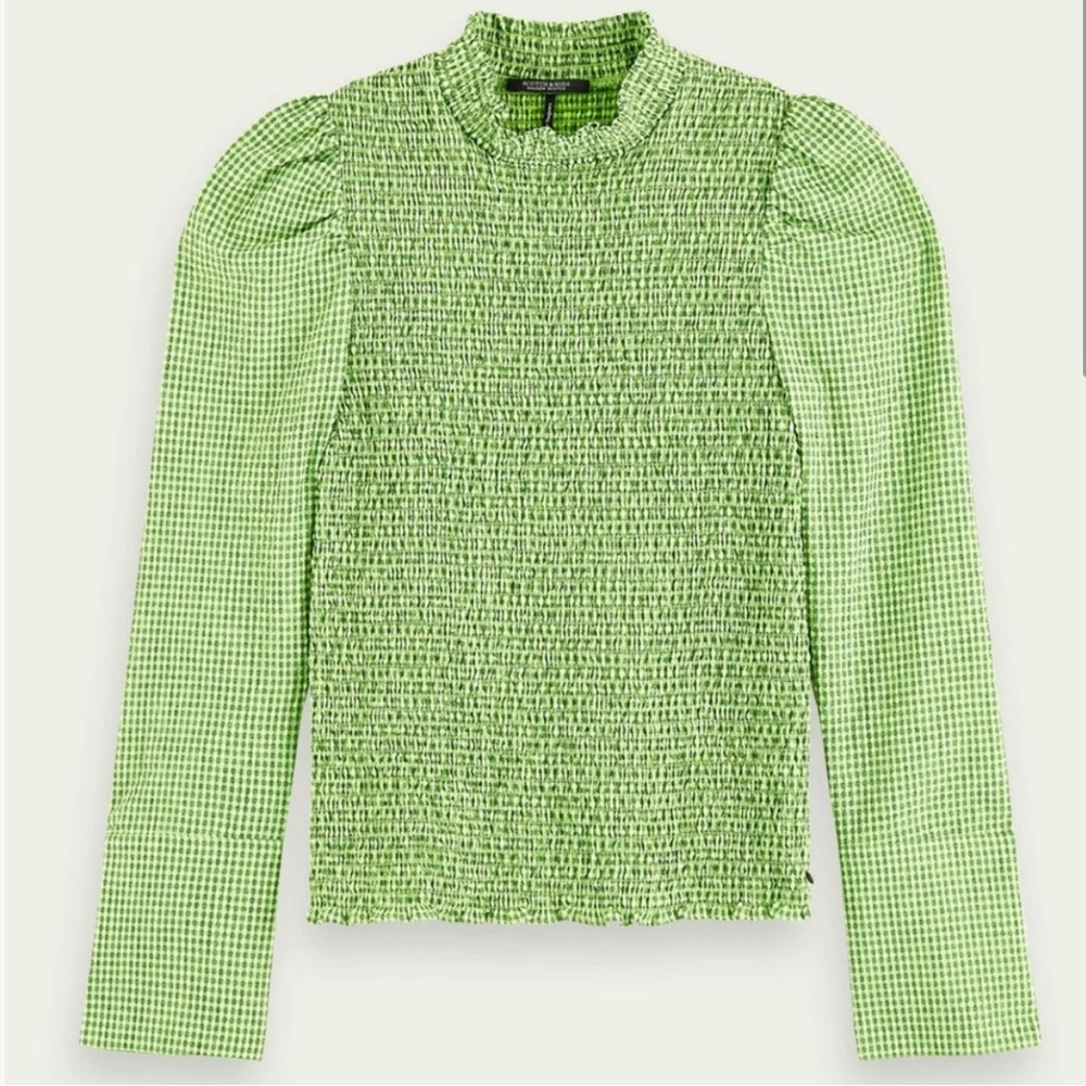 Scotch & Soda Smocked High Neck Long Sleeve Gingham Button Cuff Top